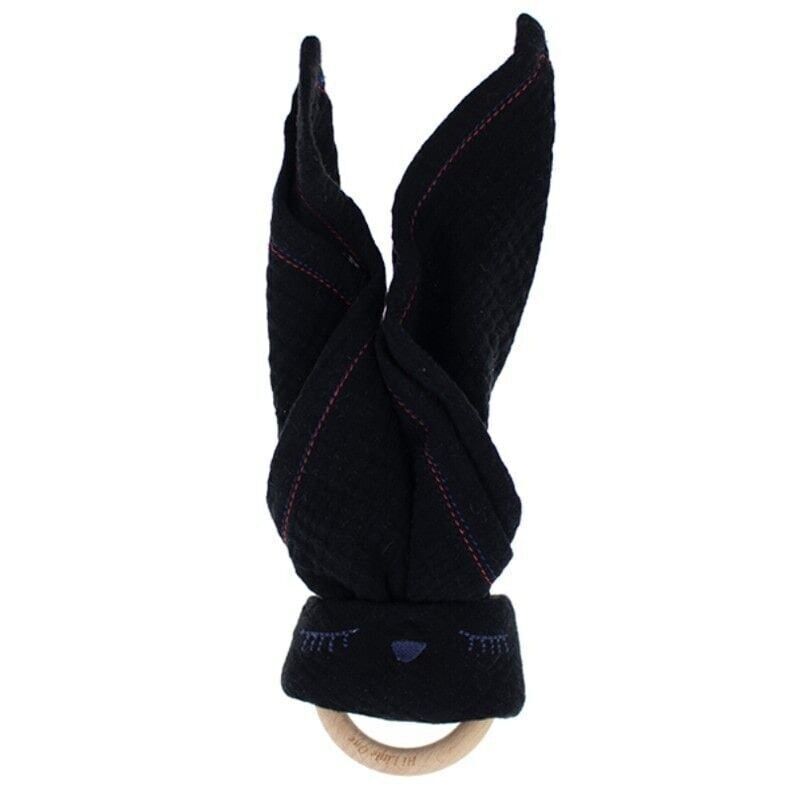 Doudou en coton bio Mousseline douillette Sleepy Bunny avec anneau de dentition en bois Noir