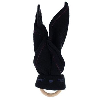 Doudou en coton bio Mousseline douillette Sleepy Bunny avec anneau de dentition en bois Noir 1