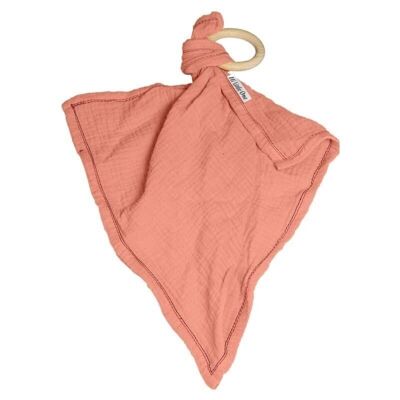 Cozy muslin with wood teether 2in1 Salmon