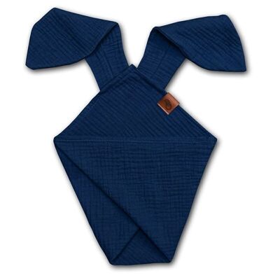 Couche doudou BUNNY en mousseline de coton bio douillette avec oreilles 2en1 Marine