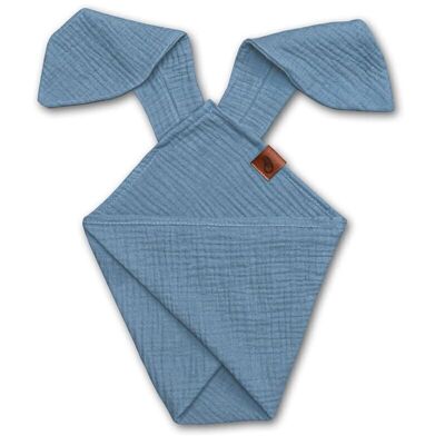 Couche doudou BUNNY en mousseline de coton bio douillette avec oreilles 2en1 Bleu Bébé