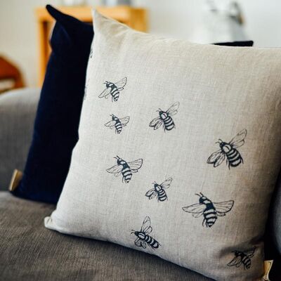 Bee Cushion Hand Printed Pure Linen - Cushion Cover Only - Velvet Back