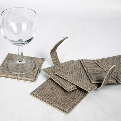 Glass Coasters Set of 6 Fabric Faux Leather Brown Coasters