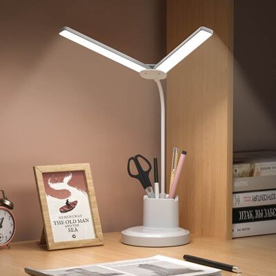 Lampe de bureau LED, 2 bras, chargement USB, tactile, contrôle de la luminosité, lumière chaude, neutre, froide, porte-stylo, batterie rechargeable 1200 mah