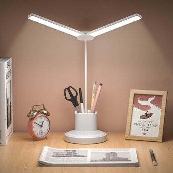 Lampe de bureau LED, 2 bras, chargement USB, tactile, contrôle de la luminosité, lumière chaude, neutre, froide, porte-stylo, batterie rechargeable 1200 mah 3