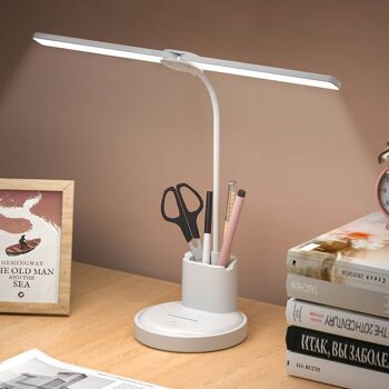 Lampe de bureau LED, 2 bras, chargement USB, tactile, contrôle de la luminosité, lumière chaude, neutre, froide, porte-stylo, batterie rechargeable 1200 mah 4