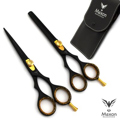 Juego de tijeras de peluquería Maxon Professional de 5,5" - Tijeras de corte y tijeras de adelgazamiento / Tijeras de adelgazamiento - Negro mate y dorado