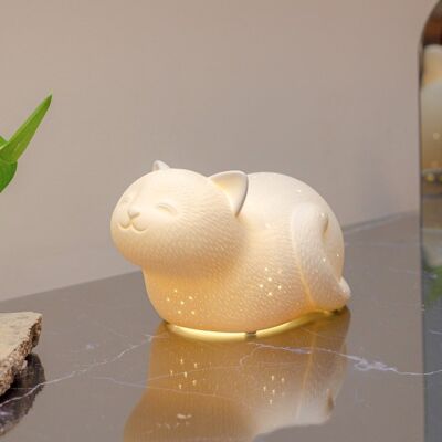 Lampe de table en porcelaine au design de chat souriant | Enfants | Veilleuse | Sculpté à la main | Parfait pour la pépinière | Finition mate en blanc