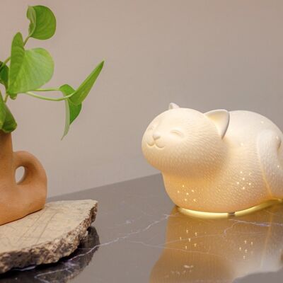 Lámpara de Mesa de Porcelana con diseño de Gato Sonriente | Niños | Luz nocturna | tallado a mano | perfecto para guardería | Acabado Mate en Blanco