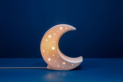 Porcelain Table Lamp in a Moon design | Kid's | Night Light | Hand Carved | Perfect for Nursery | Matte Finish in White