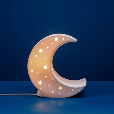 Porzellan-Tischlampe im Mond-Design | Kinder | Nachtlicht | Handgeschnitzt | Perfekt für Kinderzimmer | Mattes Finish in Weiß