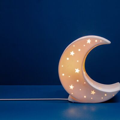 Porcelain Table Lamp in a Moon design | Kid's | Night Light | Hand Carved | Perfect for Nursery | Matte Finish in White
