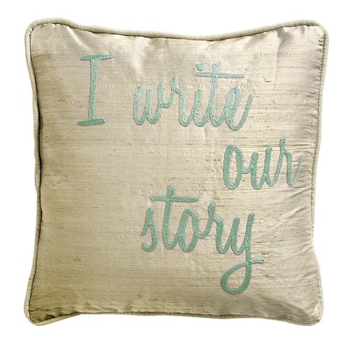 Coussin en Soie Sauvage Beige Grisé Mastic "I write our story" – Lounge Fabrics