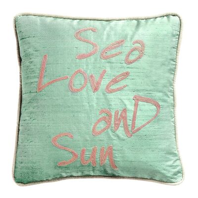 Coussin en Soie Sauvage Turquoise Agathe "Sea Love and Sun" – Lounge Fabrics
