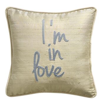 Coussin en Soie Sauvage Beige Grisé Mastic "I'm in love" – Lounge Fabrics 1