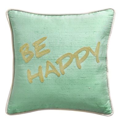 Coussin en Soie Sauvage Turquoise Agathe "Be Happy" – Lounge Fabrics