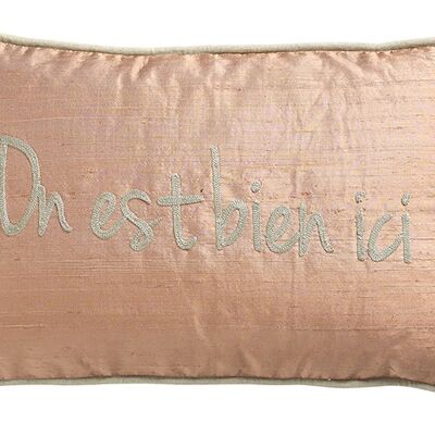 Coral Pink Wild Silk Cushion "On est bien ici" - Lounge Fabrics