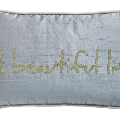 Ash Blue Wild Silk Cushion "A beautiful life" - Lounge Fabrics