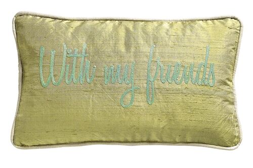 Coussin en Soie Sauvage Kaki Olive "With my friends" – Lounge Fabrics