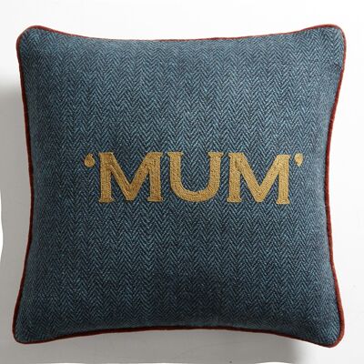 Lagoon Blue Tweed Cushion "Mum" - Lounge Fabrics