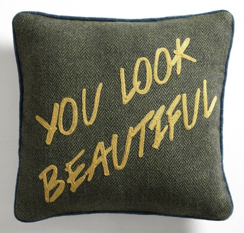 Coussin en Tweed Vert Feuillage "You look beautiful" – Lounge Fabrics