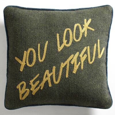 Coussin en Tweed Vert Feuillage "You look beautiful" – Lounge Fabrics