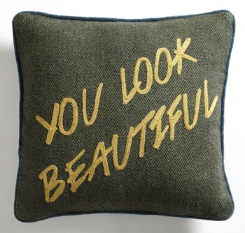 Coussin en Tweed Vert Feuillage "You look beautiful" – Lounge Fabrics 1