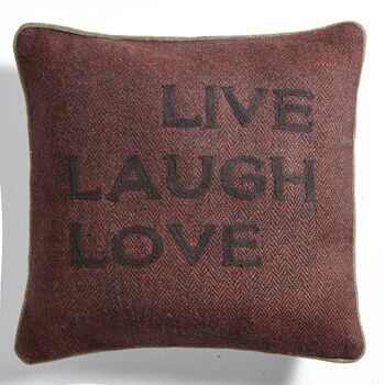 Coussin en Tweed Rouge Paprika "Live Laugh Love" – Lounge Fabrics 1