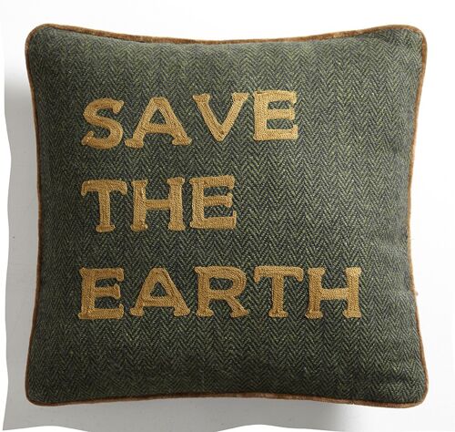 Coussin en Tweed Vert Feuillage "Save the earth" – Lounge Fabrics