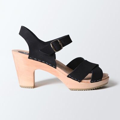 Sandal clog in black leather and 2 crossed straps