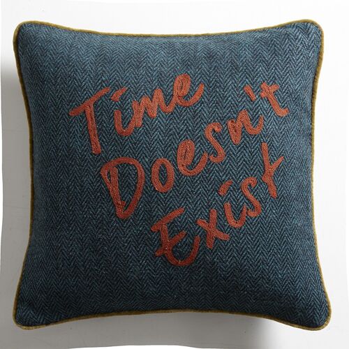 Coussin en Tweed Bleu Lagon "Time doesn't exist" – Lounge Fabrics