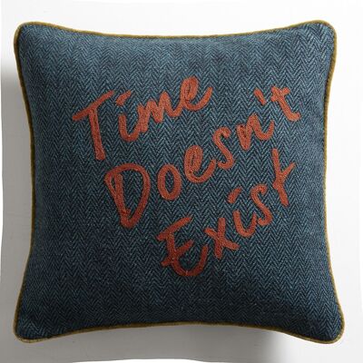 Lagoon Blue Tweed Cushion "Time doesn't exist" - Lounge Fabrics