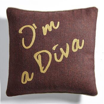 Coussin en Tweed Rouge Paprika "I am a Diva" – Lounge Fabrics 1