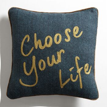 Coussin en Tweed Bleu Lagon "Choose your life" – Lounge Fabrics 1