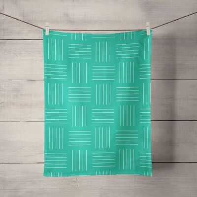 Green Tea Towel with White Geometric Lines Design, Dish Towel, Kitchen Towel