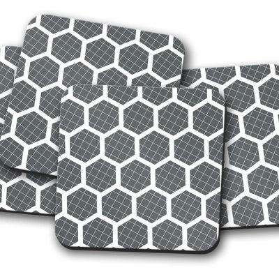 Sottobicchieri grigi con un design esagonale bianco, tappetino per bevande da tavola