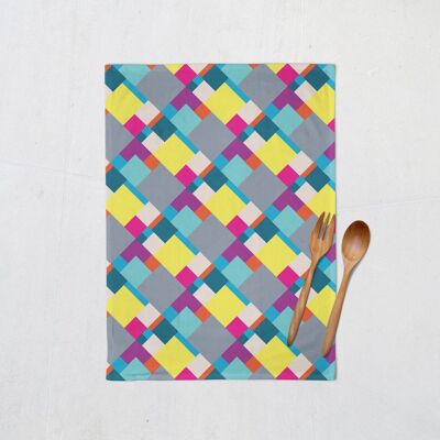 Grey Tea Towel with Multicoloured Geometric Design, Dish Towel, Kitchen Towel