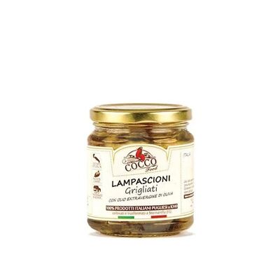 Lampascioni a la parrilla con aceite de oliva virgen extra, producto típico de Puglia, Italia