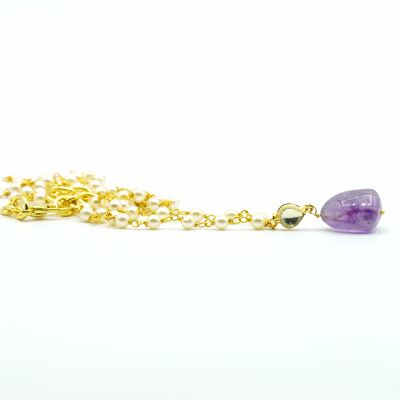 Steinanhänger für Damen: Amethyst-Perlenkette.   Mode.   Golden.   Modeschmuck.   Frühling.  handgefertigt.   Hochzeiten, Gäste.