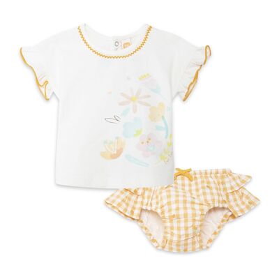 Conjunto camiseta manga corta y short plana a cuadros beige y blanco recien nacido niña picnic time - 11329922