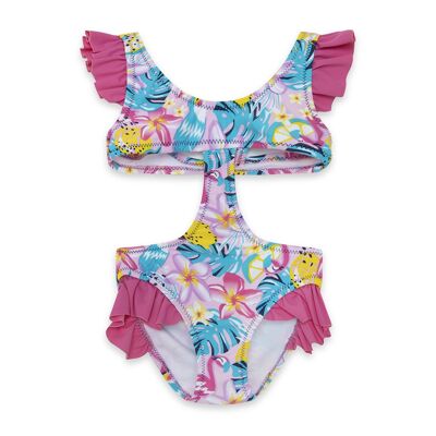 Trikini rose imprimé fleurs tropicales pour fille tahiti - 11329838