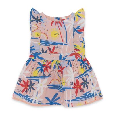 Ärmelloses, gerüschtes Strandkleid aus rosa Popeline für Mädchen, enjoy the sun - 11329756