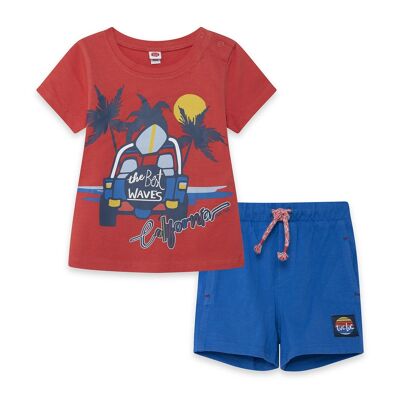 Kurzärmliges T-Shirt in Koralle und blaue Strick-Bermudashorts mit Kordelzug für Jungen, enjoy the sun - 11329724