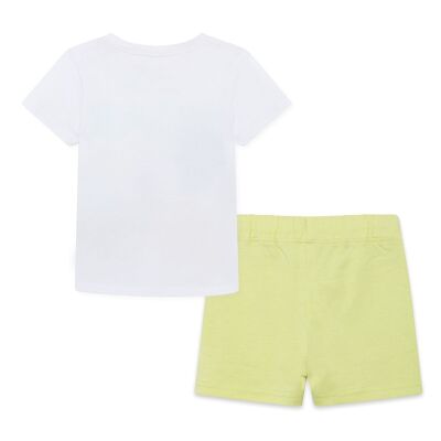 Weißes Kurzarm-T-Shirt mit Leopardenmuster und gelbe Strick-Bermudashorts für Jungen im Dschungel - 11329147