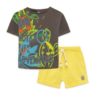 Ensemble t-shirt manches courtes garçon Funcactus marron et bermuda en maille jaune - 11329544