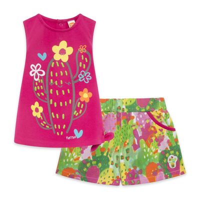 Funcactus set da bambina canotta fucsia cactus e pantaloncini in jersey stampa cactus multicolor - 11329565