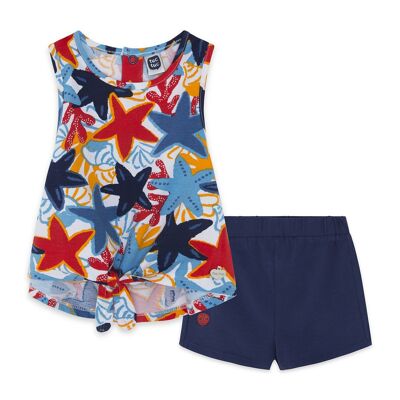 Completo canotta stella marina multicolor e pantaloncini in maglia blu navy per bambina rosso sottomarino - 11329815
