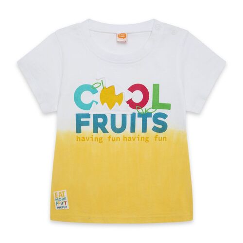 Camiseta manga corta blanca y amarilla texto niño fruitty time - 11329593