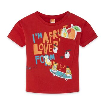 T-shirt rouge à manches courtes avec texte et poche pour garçon fruitty time - 11329592 1