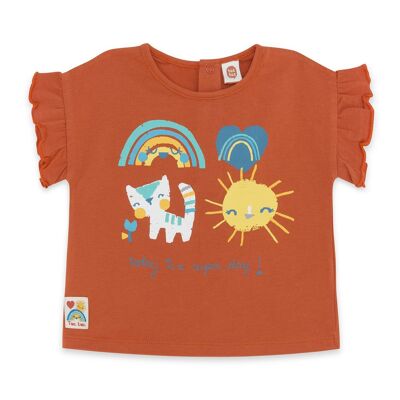 Kurzärmliges orangefarbenes T-Shirt mit Kacheln und Rüschen und Frontzeichnungen für Mädchen lächeln heute - 11329516